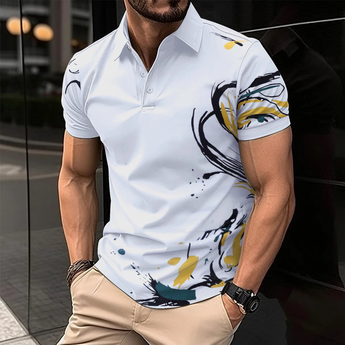 Summer Men Short Sleeve Polo Shirt Colored Drawing Printed Casual T-Shirt Lapel Button Fashion Tops Funny Men Clothing