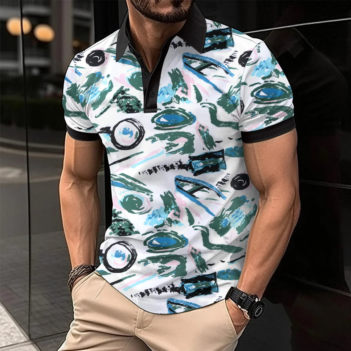 Summer Men Short Sleeve Polo Shirt Colored Drawing Printed Casual T-Shirt Lapel Button Fashion Tops Funny Men Clothing