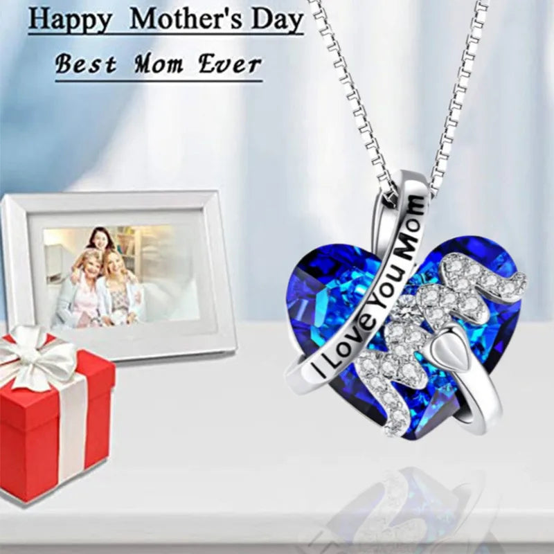 Luxury Fashion "Mom" Pendant Necklace Red Blue Heart Crystal Jewelry